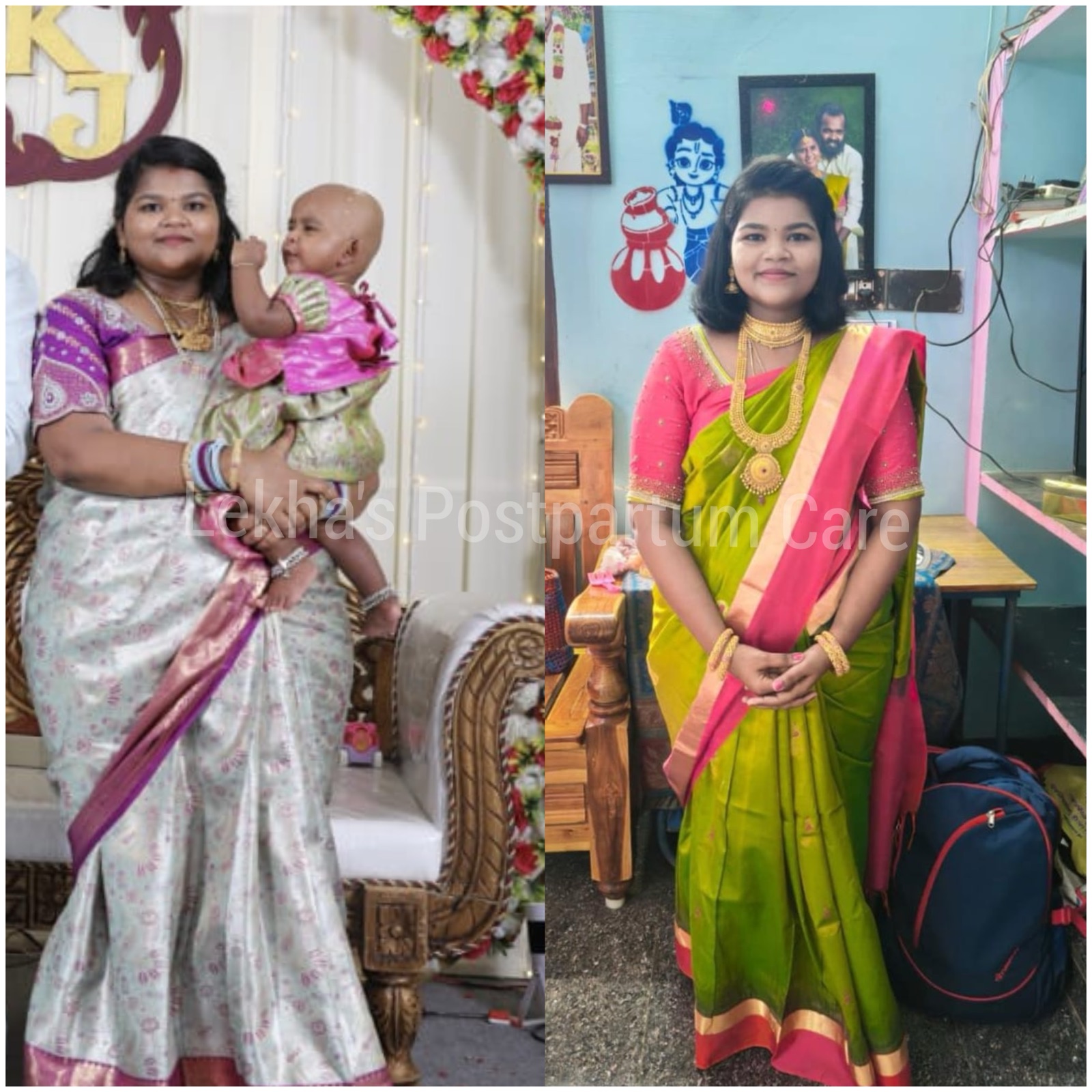 Lekha's postpartum care client with her baby in a recovery milestone collage